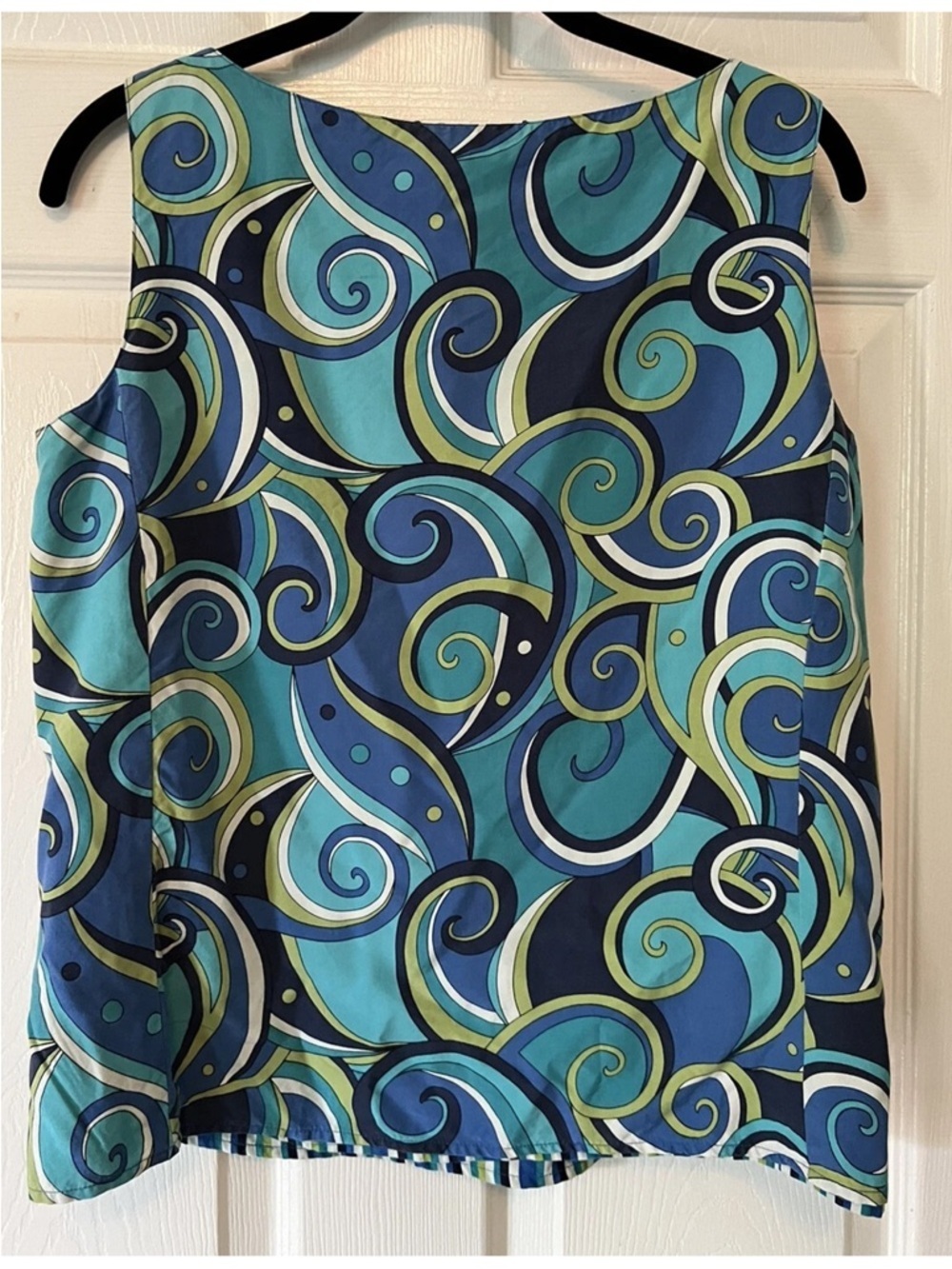 90s Vintage Silk Abstract Print Blouse Blue Green Y2K Artsy Coastal Chic - Picture 2 of 5